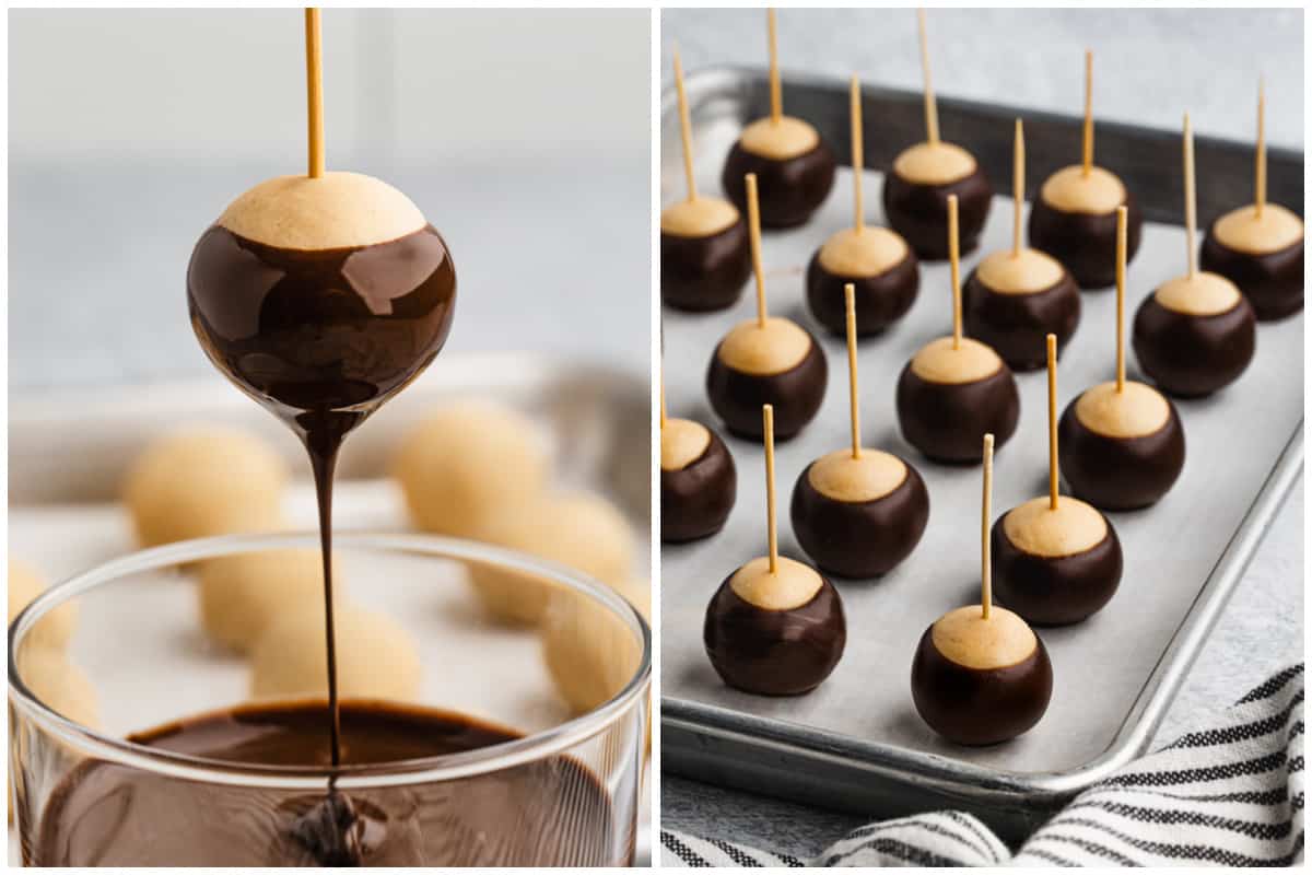 Two images showing a homemade Buckeye being lifted from a bowl of melted chocolate, then a baking sheet with dipped peanut butter balls setting up.