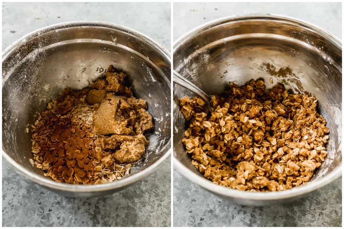 Two images showing flour, oats, brown sugar, cinnamon, nutmeg, and salt in a bowl, then after it's combined to make a streusel topping.