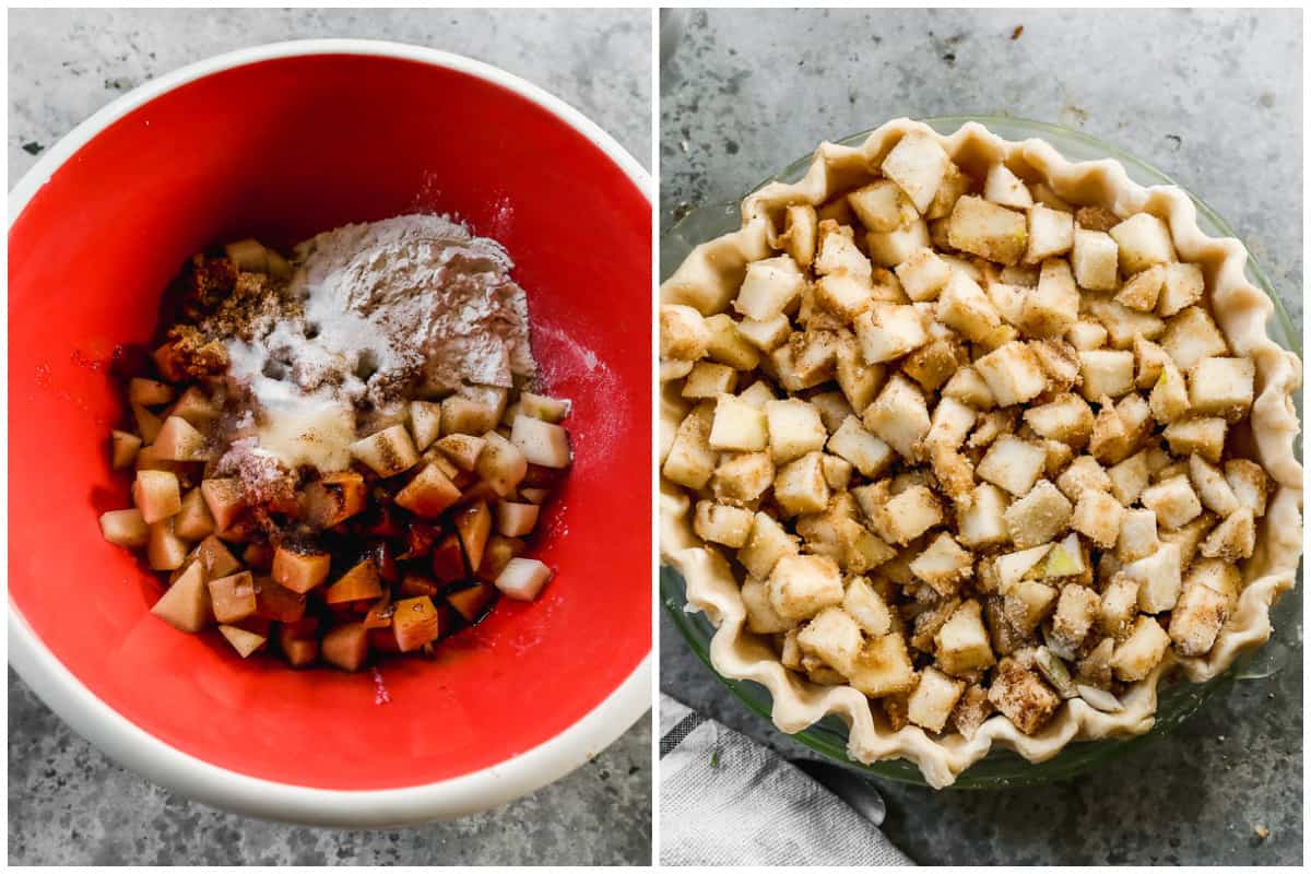 Diced pears in a mixing bowl with lemon juice, butter, sugar, brown sugar, flour, and spices dumped on top, then after it's combined and poured into a pie dish for simple Pear Pie.