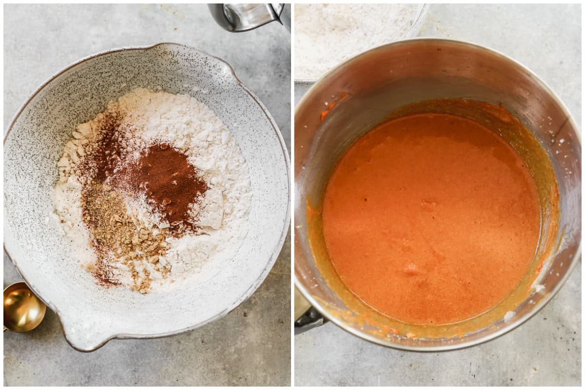 Two images showing flour, baking soda, salt, cinnamon, ginger, and nutmeg in a mixing bowl, then after it's added to wet ingredients to make a batter for homemade Pumpkin Bars.