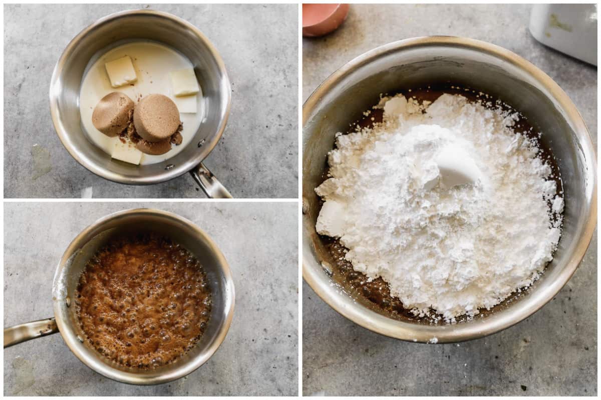 Three images showing the process of making a homemade Caramel Frosting recipe.