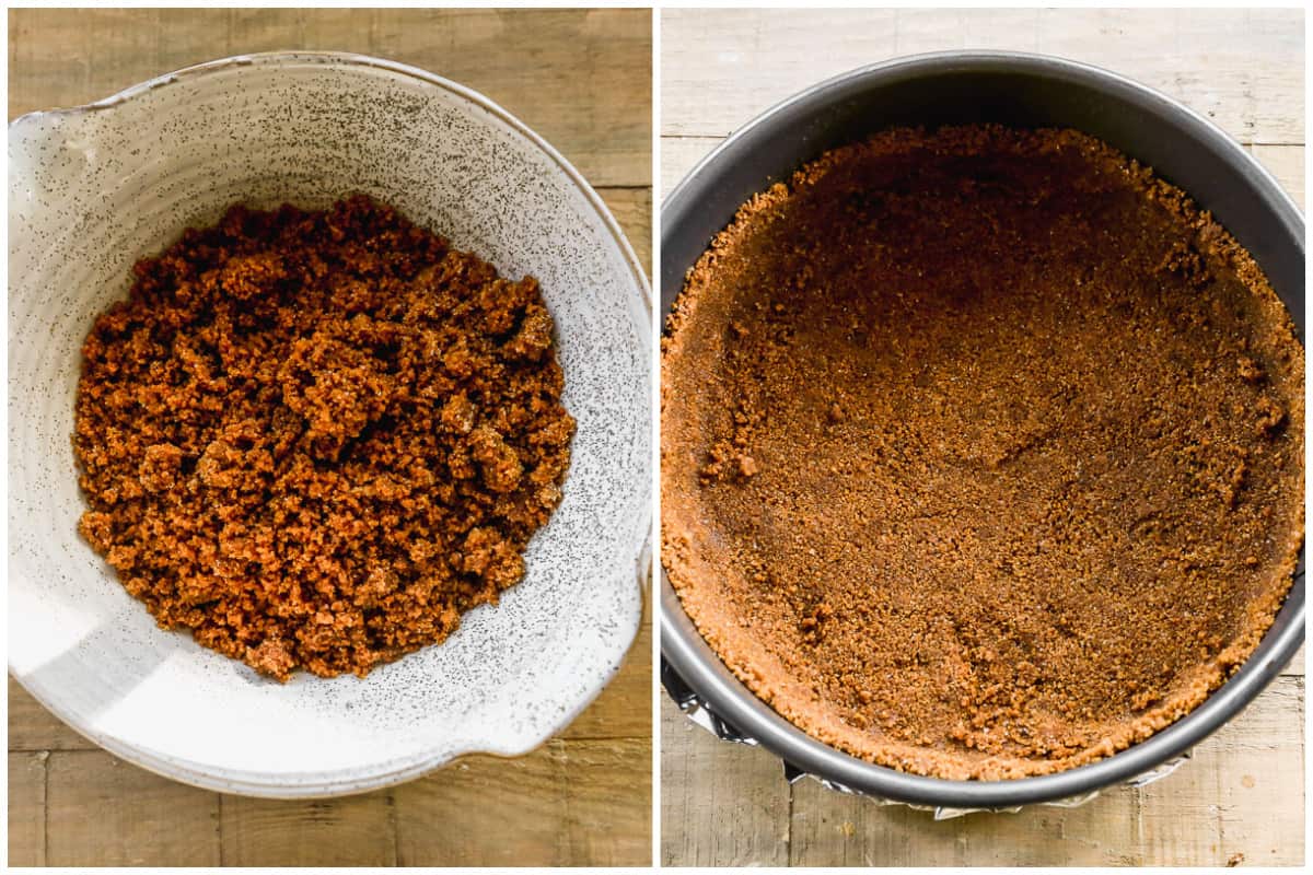 Two images showing how to make a gingersnap crust, and after it's pressed into a springform pan.