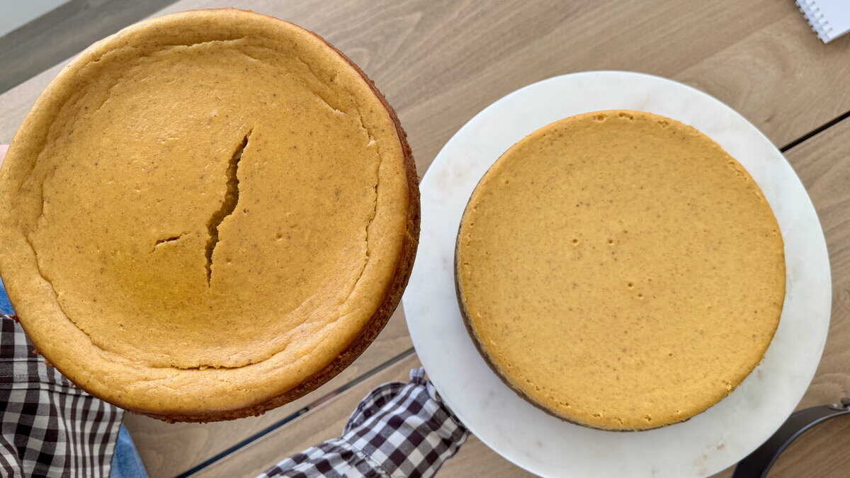 A Pumpkin Cheesecake with no water bath will still result in a delicious, flavorful cheesecake, but it might have a crack or two. I recommend doing a simple water bath for that truly perfect surface. 