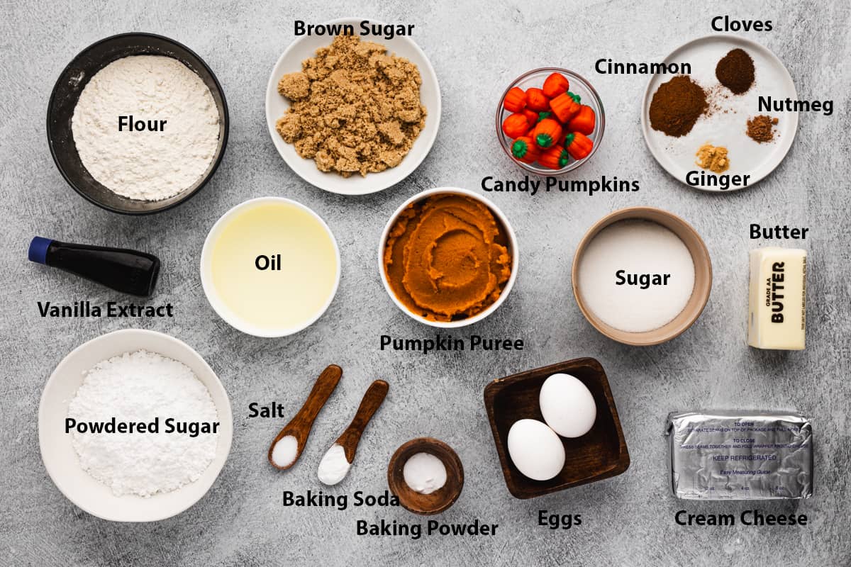 All of the ingredients needed to make the best Pumpkin Cupcakes recipe, all measured and ready.
