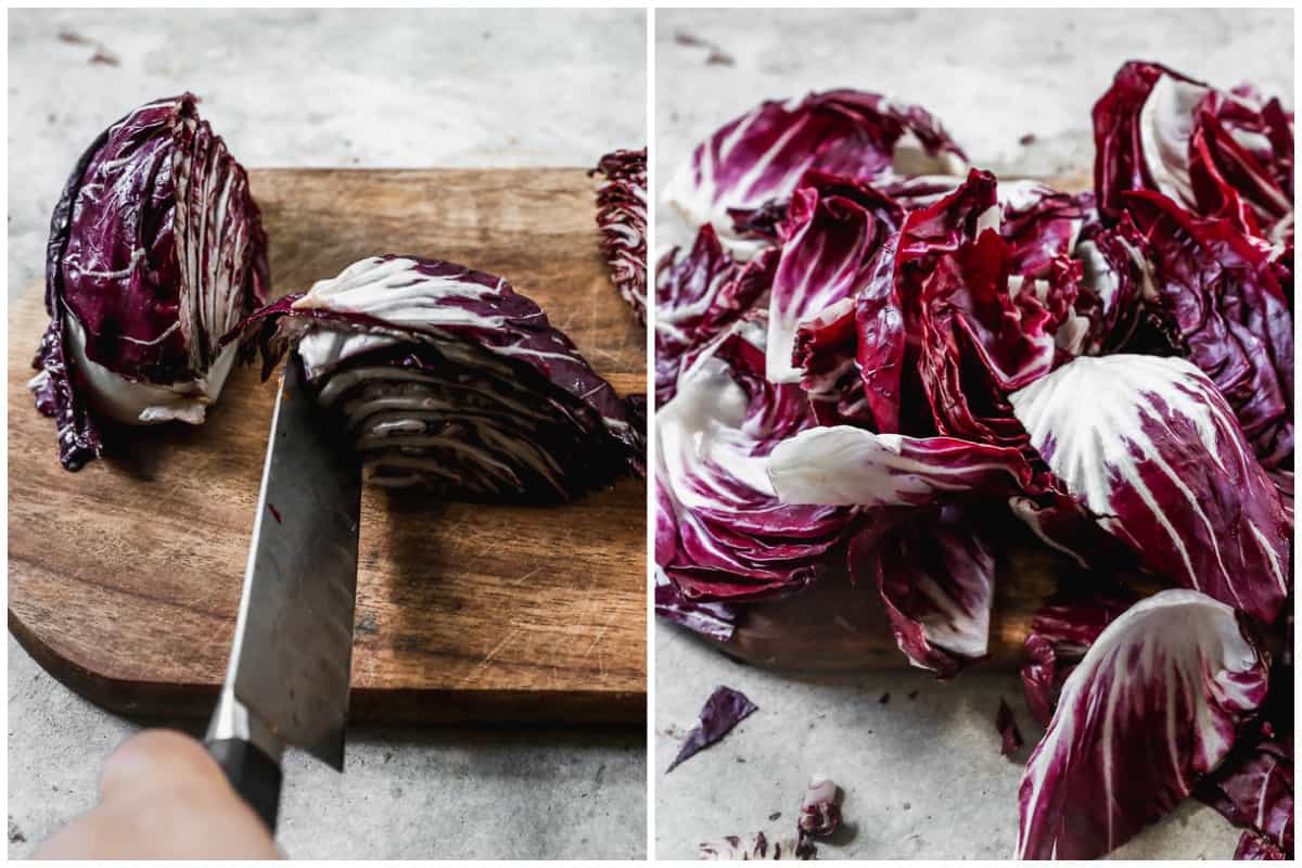 Two images showing how to cut a head of radicchio for a simple salad. 