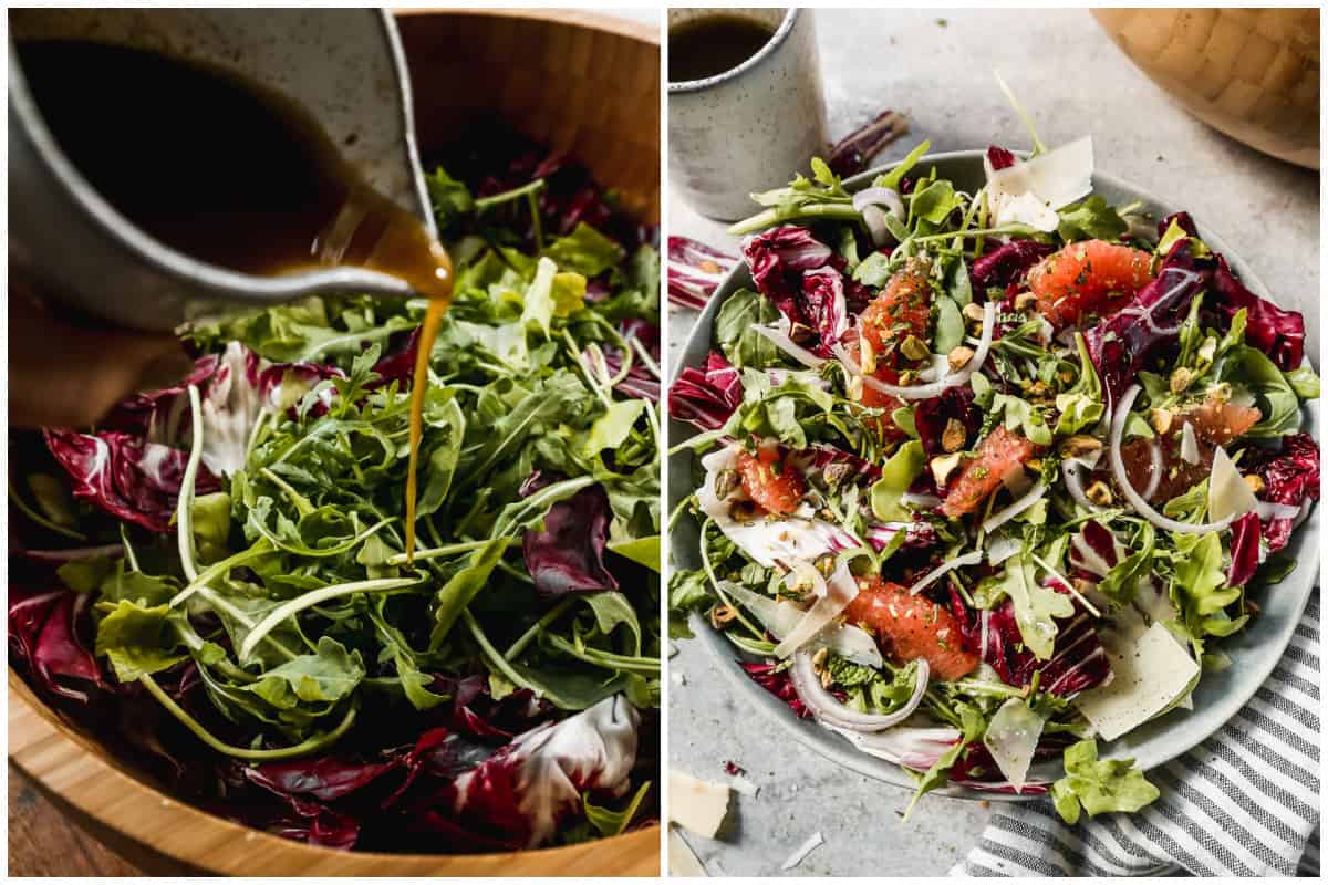 Two images showing a simple vinaigrette being poured on some mixed greens, then the finished Radicchio Salad recipe with grapefruit, shaved parmesan, red onion, and pistachios.