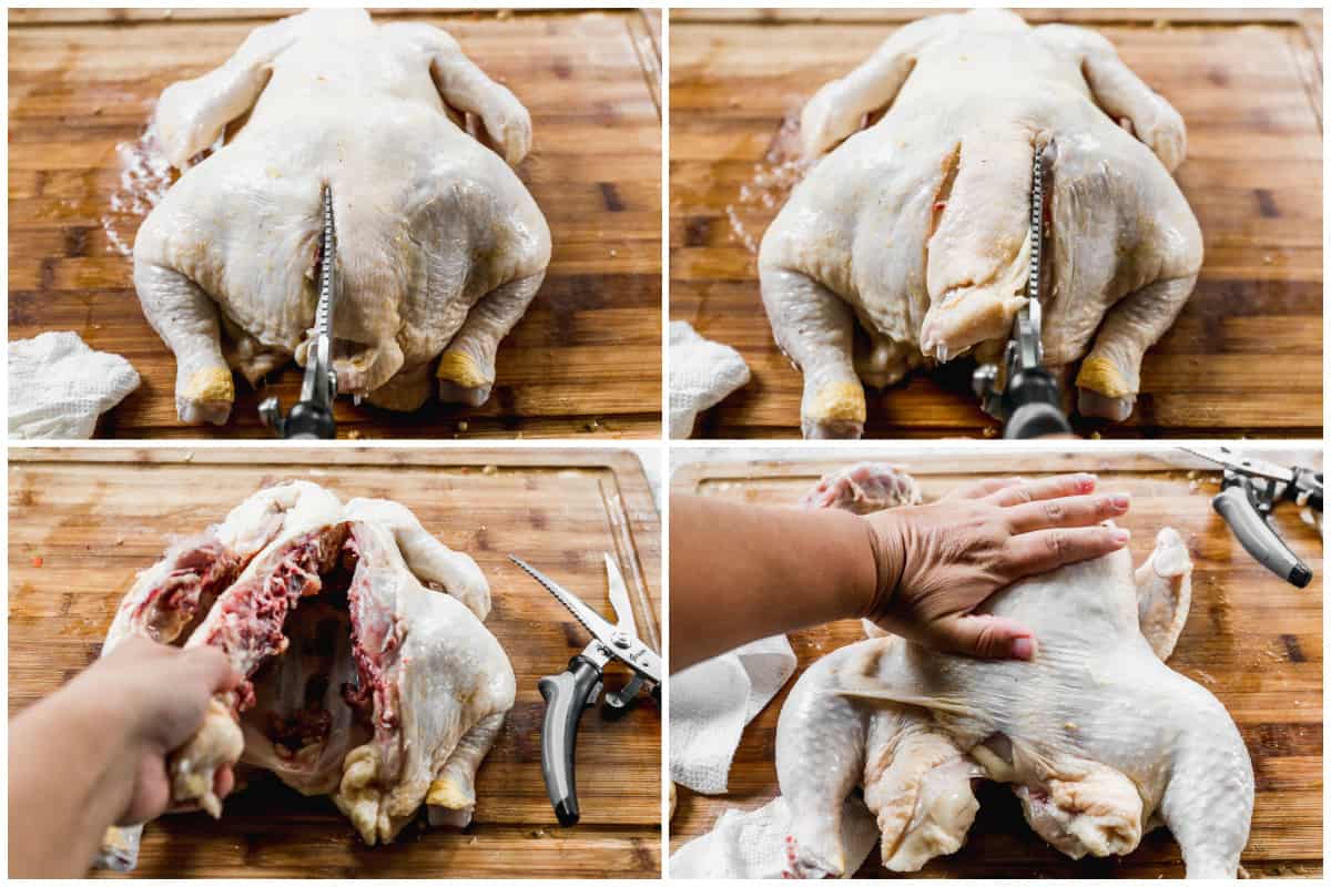 Four images showing the process of how to spatchcock a chicken, including removing the spine bone and flattening it for an easy spatchcock chicken recipe.