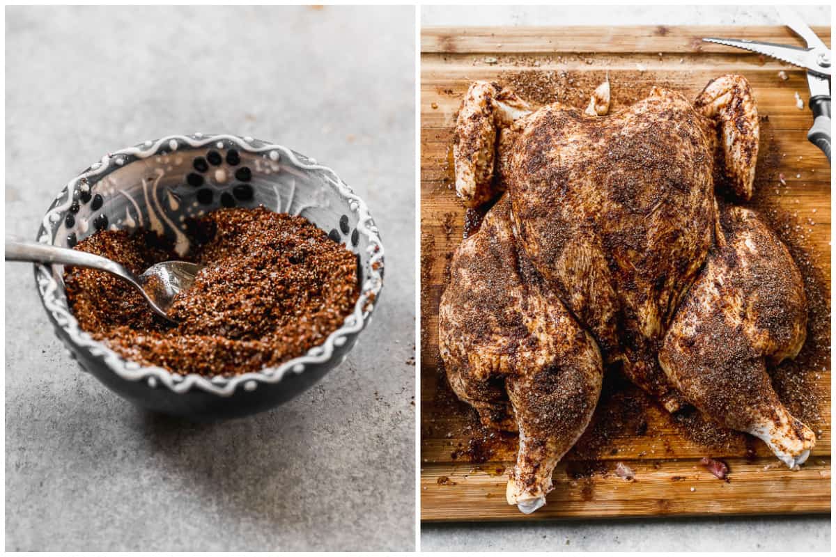 Two images showing a homemade dry rub, and after it's rubbed all over an easy spatchcock chicken.