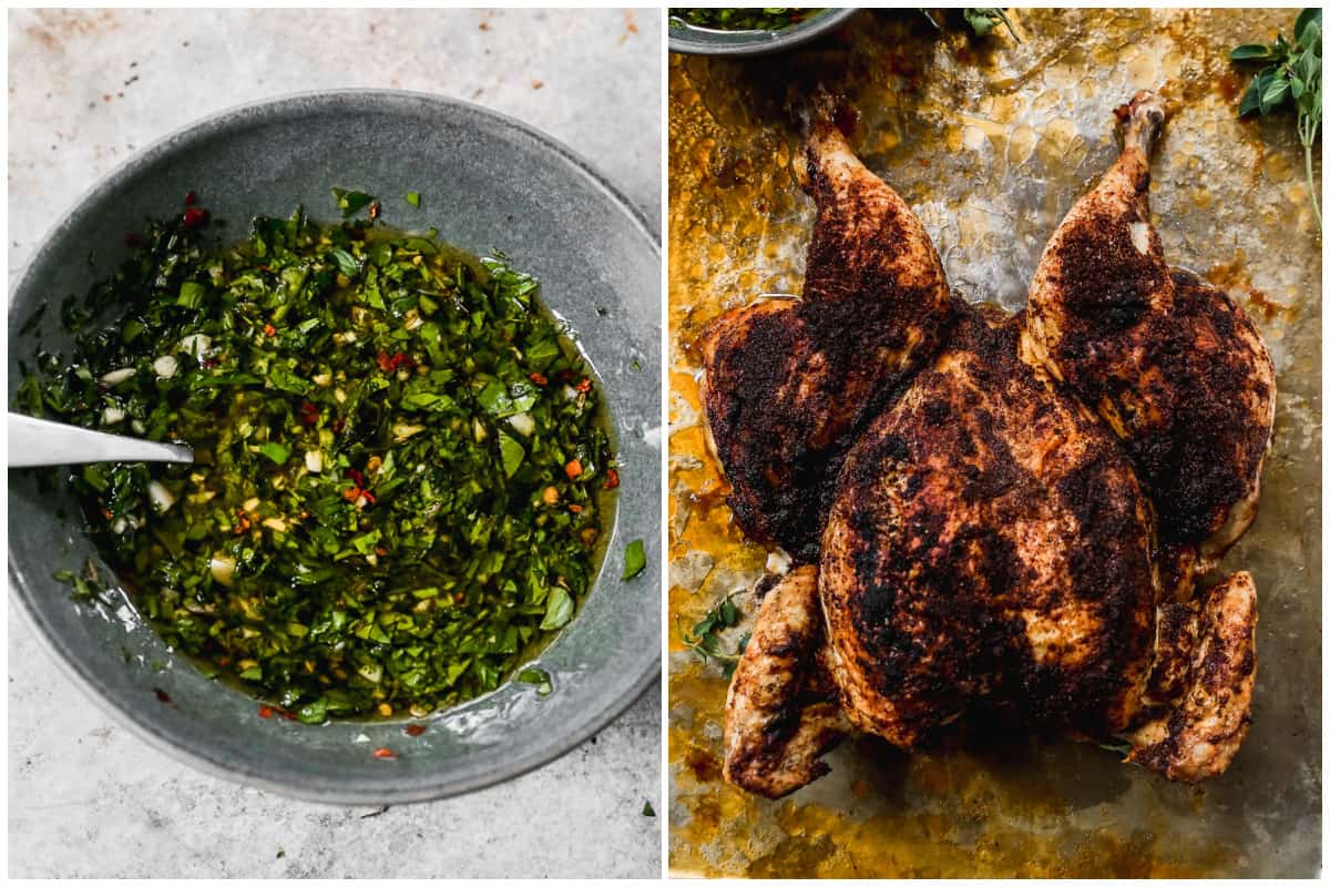 Two images showing a homemade chimichurri sauce in a bowl, then a whole spatchcock chicken before going into the oven.