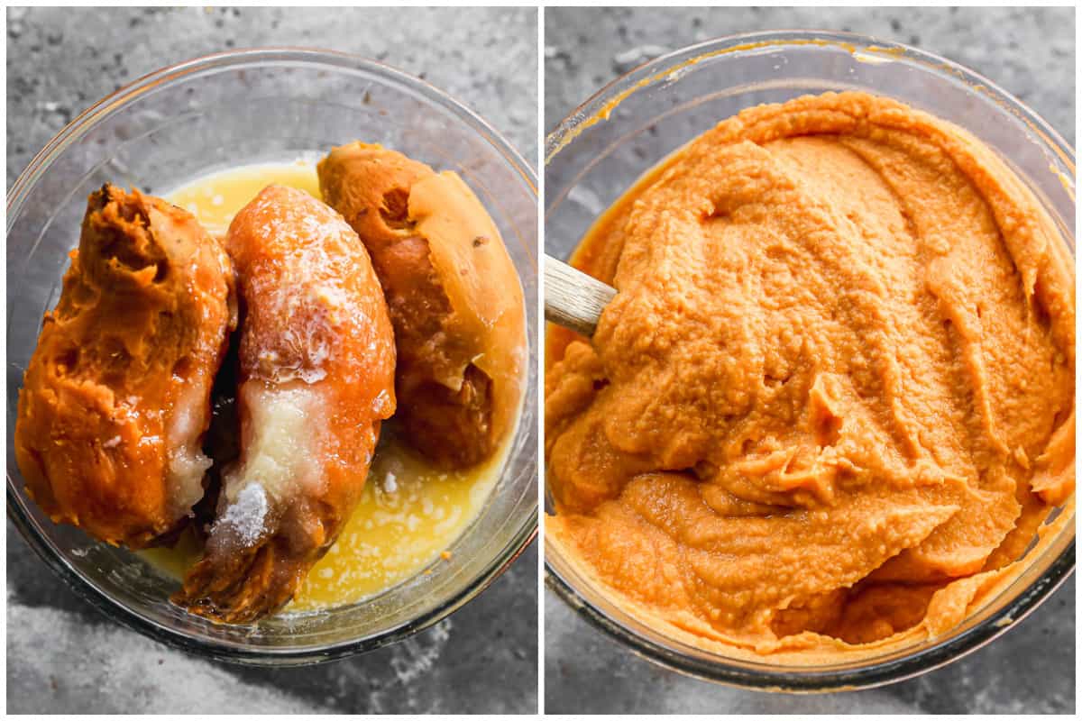 Two images showing the process of making the filling for homemade Sweet Potato Casserole, before and after it's mixed.