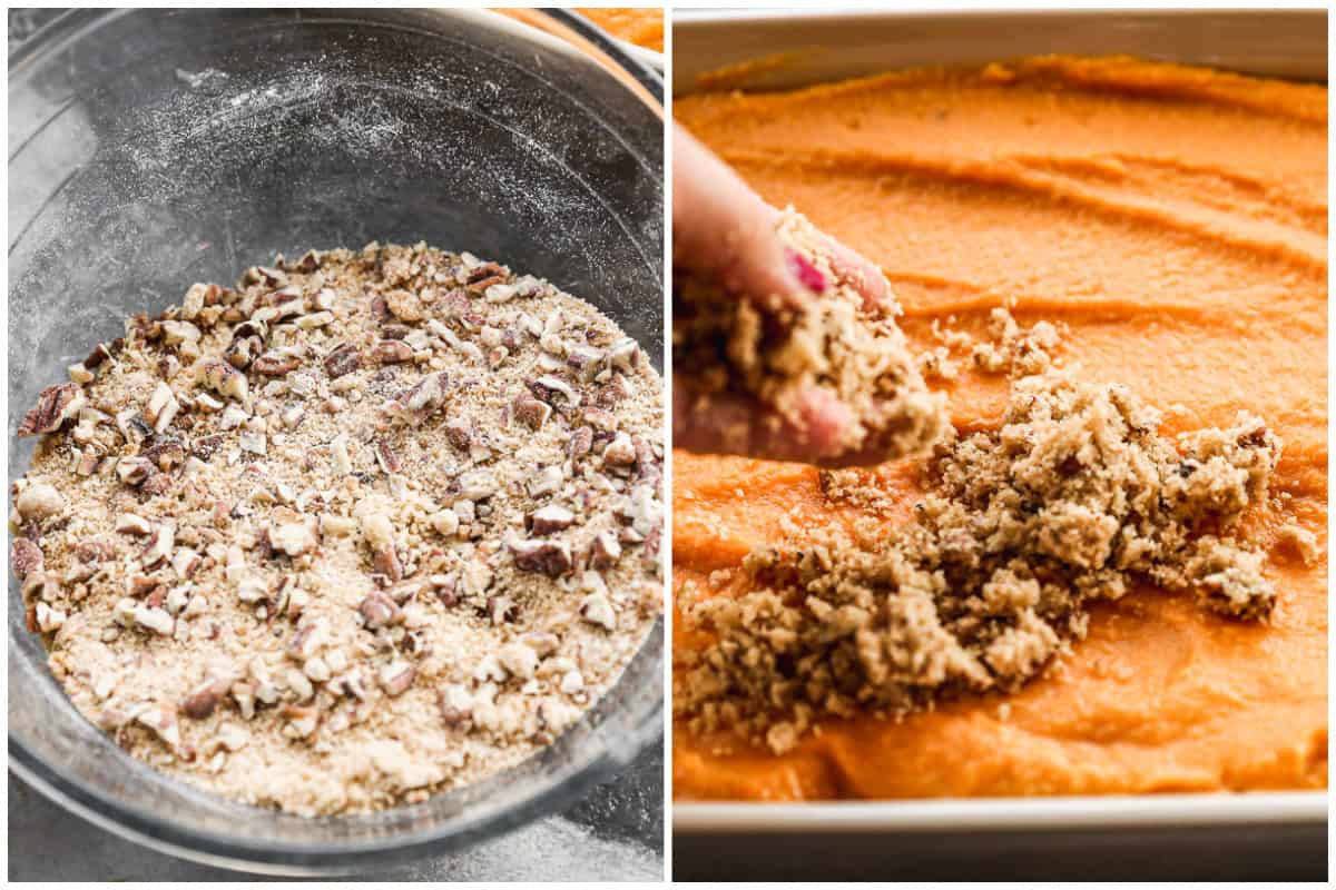 Two images showing a homemade pecan brown sugar streusel in a bowl, then it being sprinkled on smooth and creamy sweet potatoes.