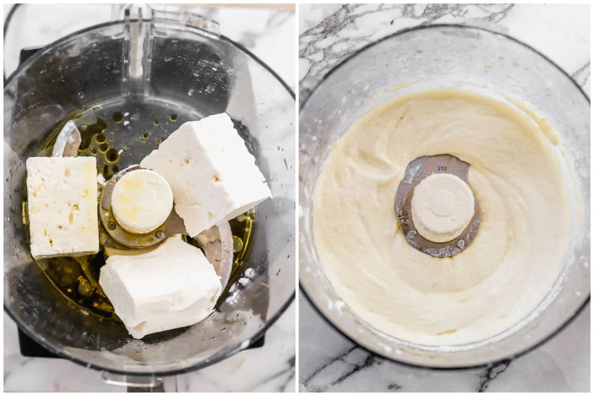 Two images of a block of feta in a food processor with olive oil before and after it's blended.