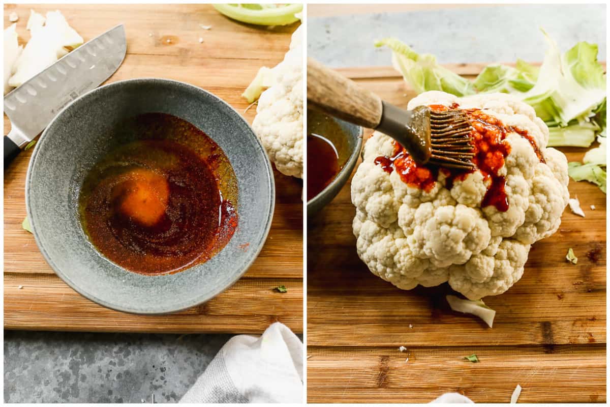 Two images showing a seasoning and olive oil tahini sauce mixed in a small bowl, then that sauce being brushed on a head of cauliflower with a pastry brush.