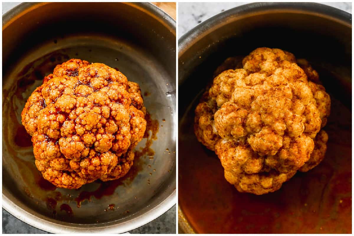 Two images showing an easy whole roasted cauliflower recipe before and after it's roasted.