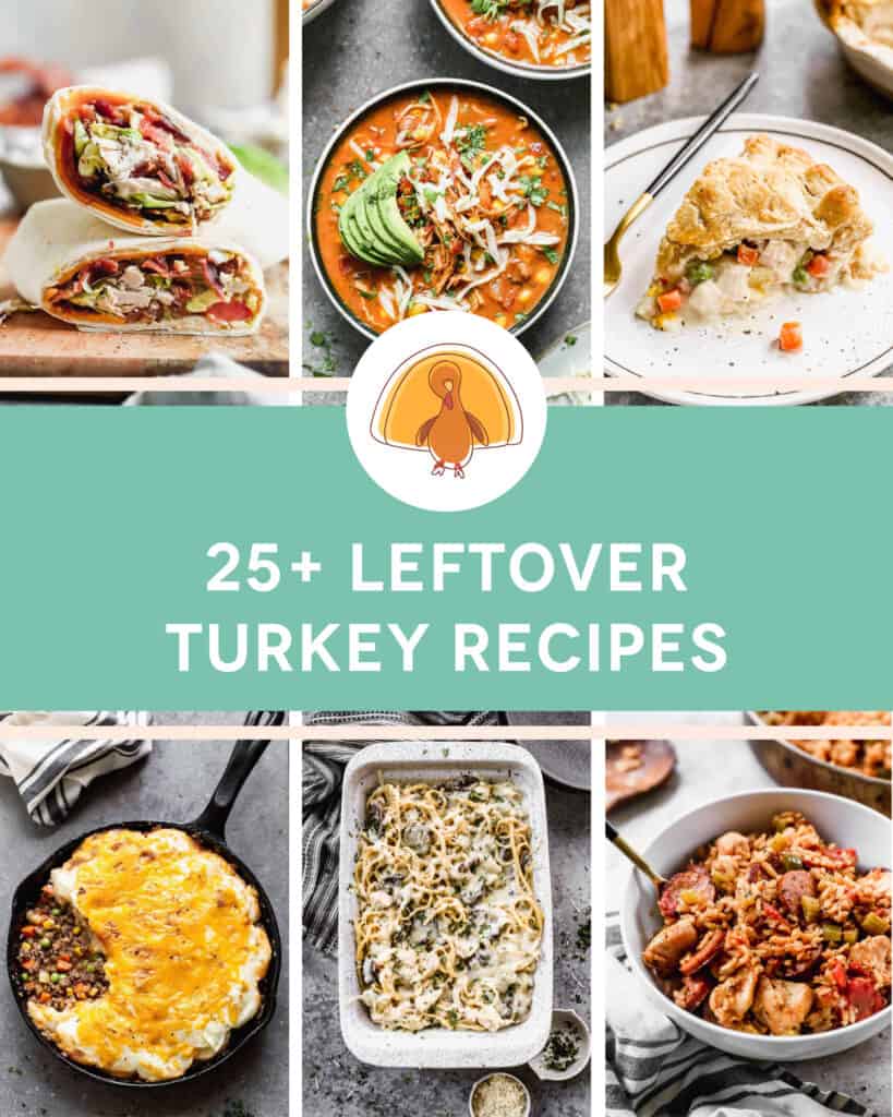 A collage of 6 images for leftover turkey recipes.