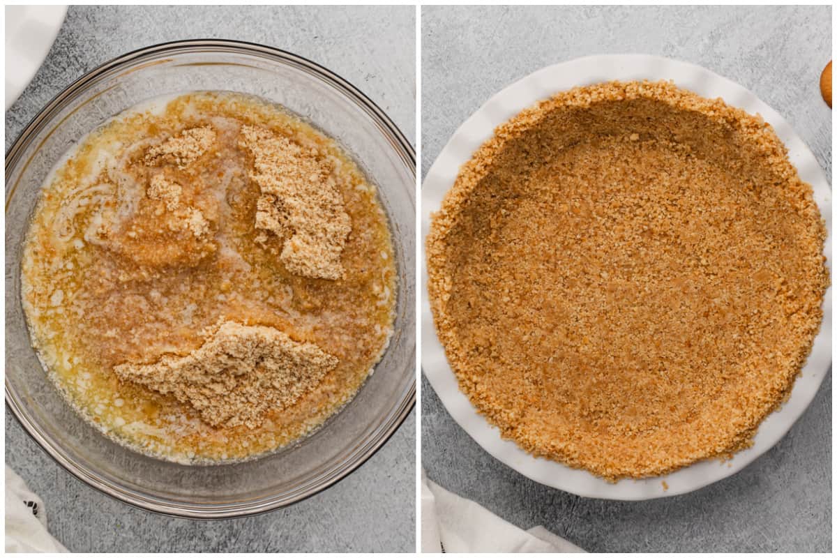 Two images showing the ingredients for a homemade graham cracker crust in a mixing bowl, then after it's combined and pressed into a pie dish.