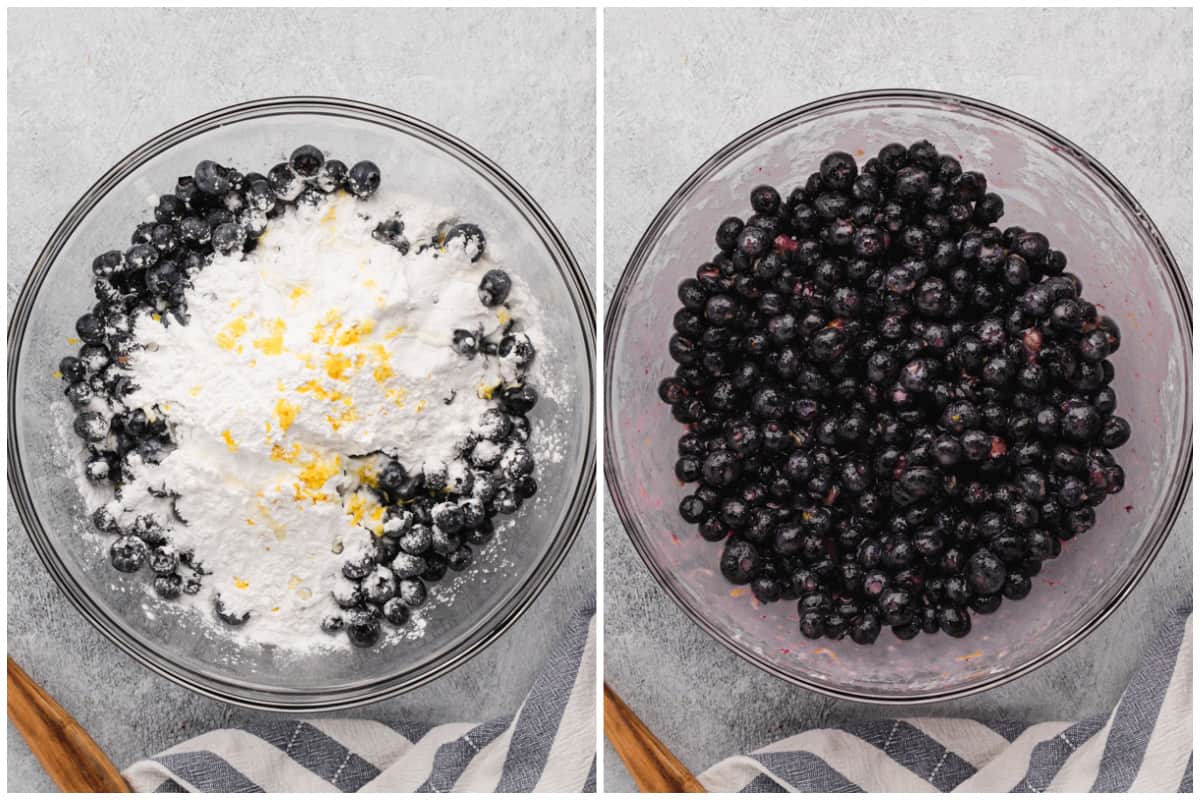 Two images showing fresh blueberries with sugar, tapioca, lemon juice, and lemon zest on top, then after it's mixed together and thickened.