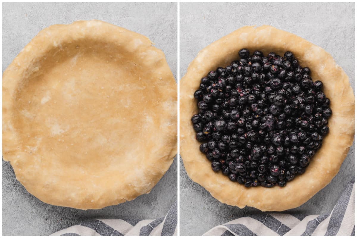 Two images showing an easy homemade pie crust laid on top of a pie dish, then filled with a blueberry filling.
