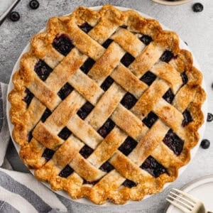 An easy Blueberry Pie recipe with a lattice crust, baked until golden and ready to slice and serve.