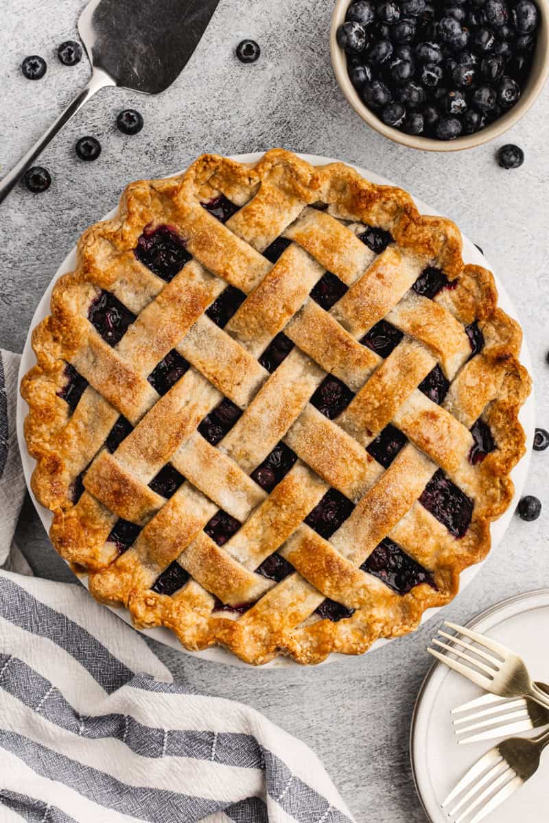 An easy Blueberry Pie recipe with a lattice crust, baked until golden and ready to slice and serve.