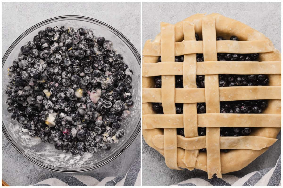 Two images showing how to make blueberry pie by tossing fresh blueberries in sugar, tapioca, lemon juice, and zest then after it's poured in a pie crust and a lattice crust is being laid on top.