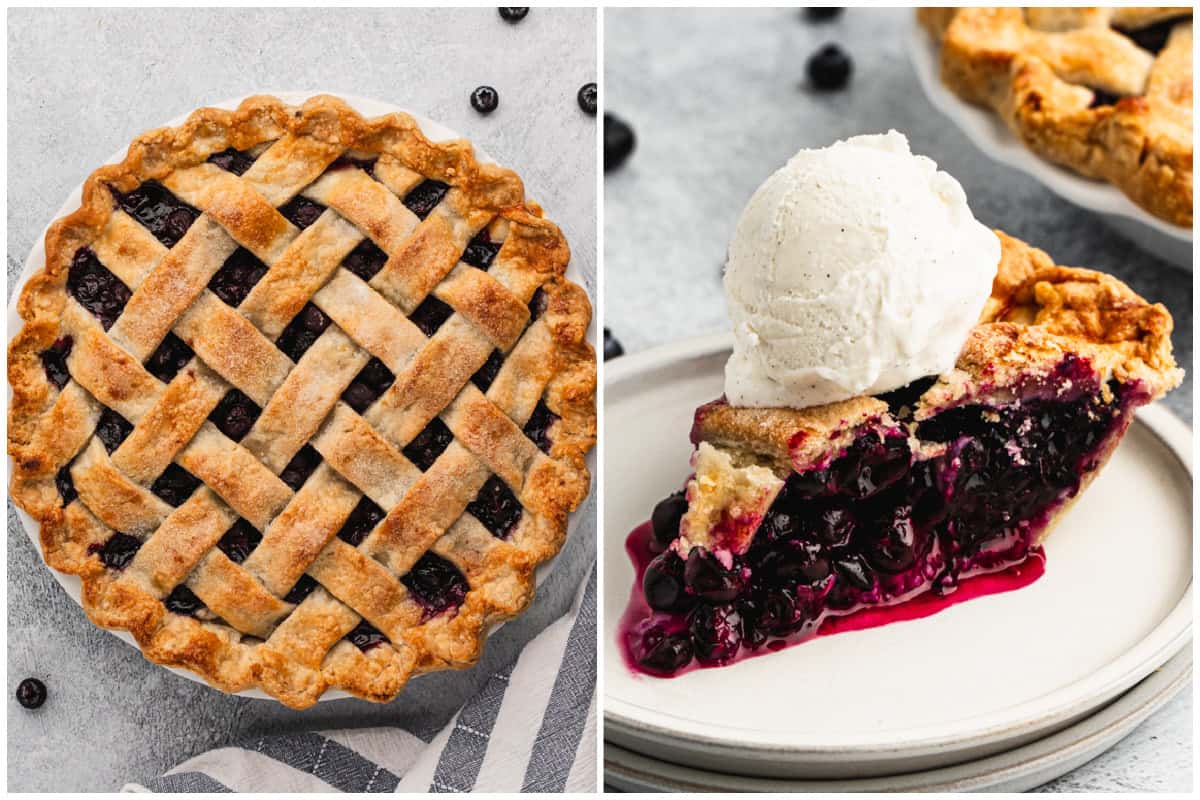 Two images showing the best Blueberry Pie recipe with a lattice crust baked until golden then a slice served on a small plate with a scoop of ice cream on top.