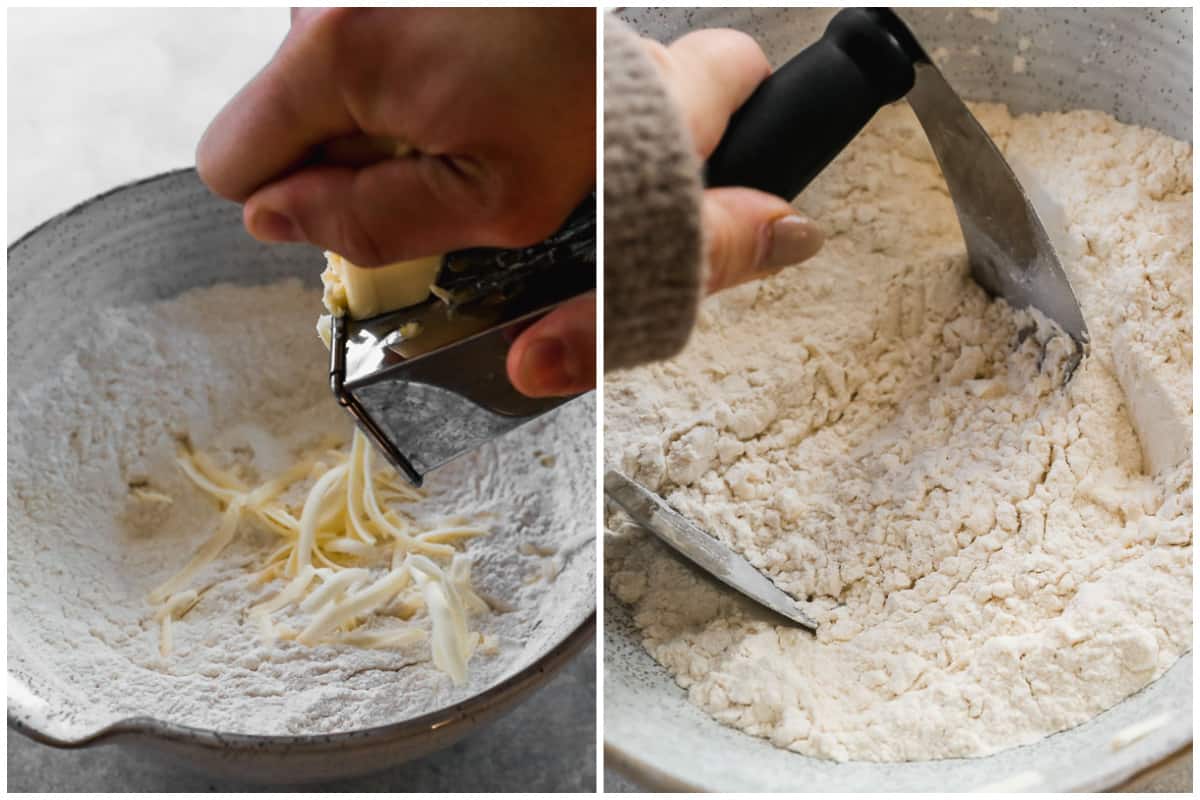 Two images showing cold butter being grated and then mixed into a flour mixture with a pastry blender to make homemade biscuits.