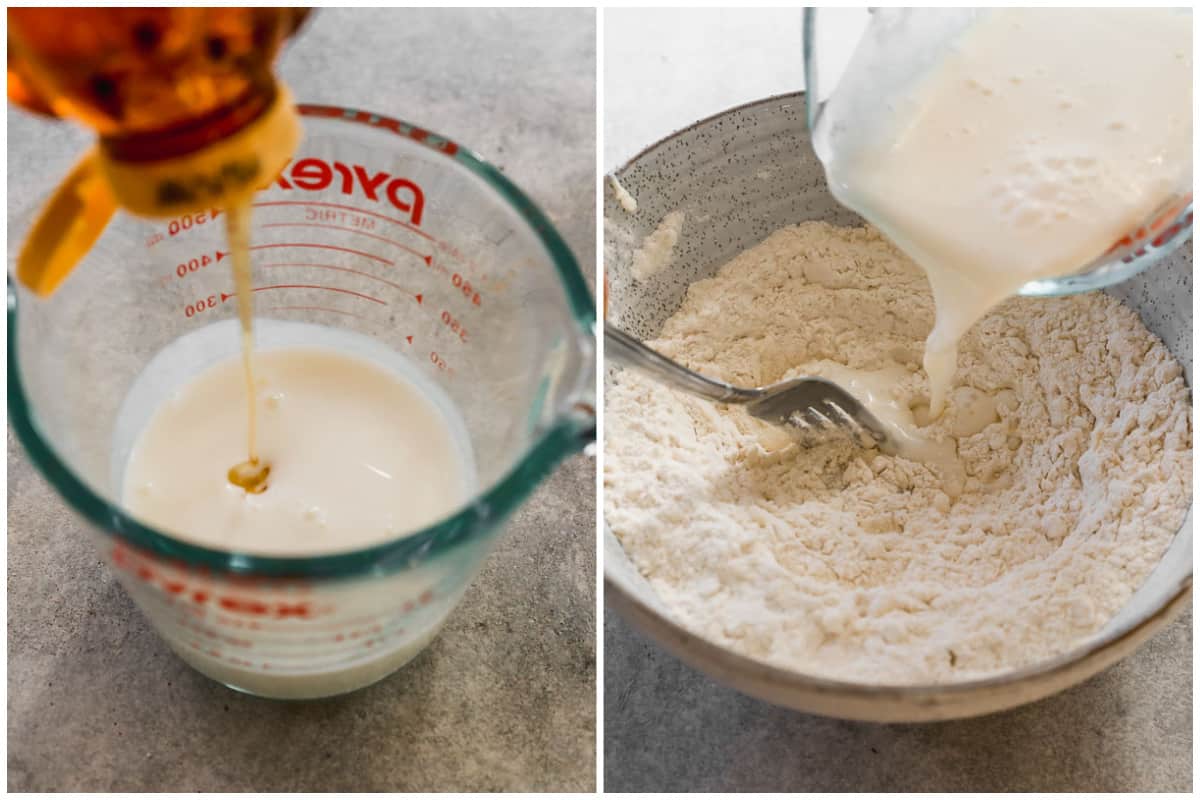 Two images showing honey being poured into buttermilk, then the buttermilk being poured into a bowl of flour. 
