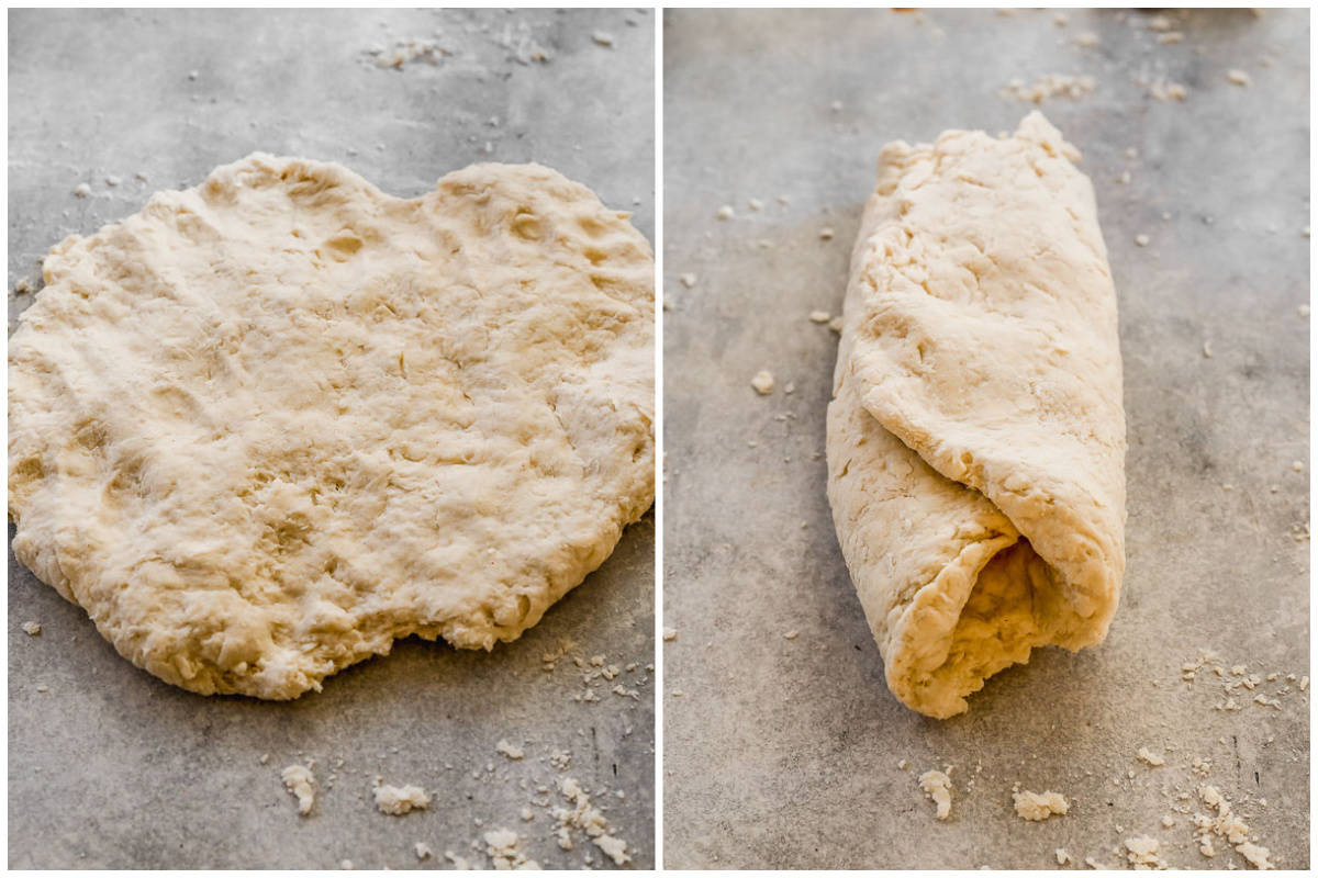 A ball of easy biscuit dough formed into a circle and then folded into thirds.