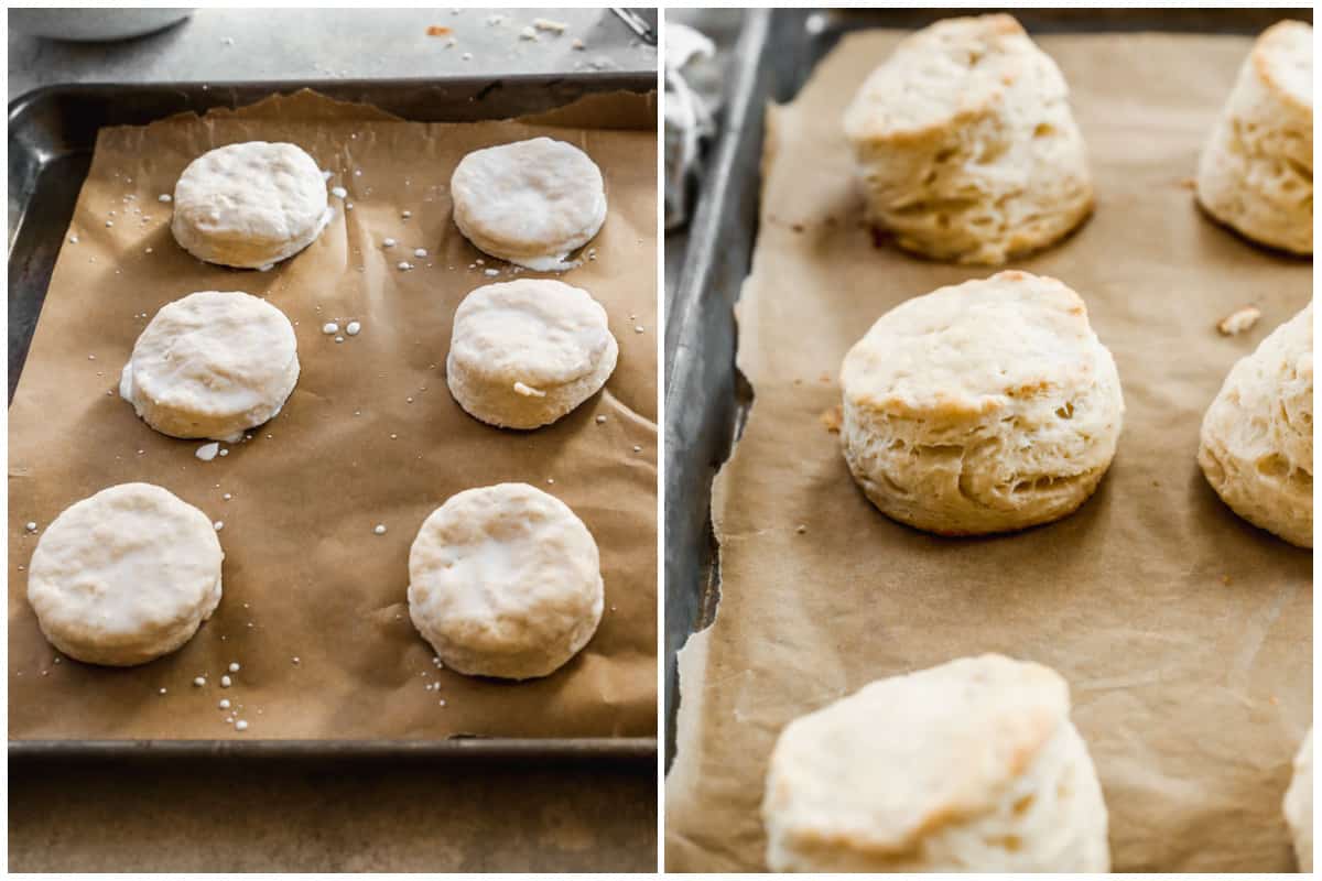 Two images showing a homemade biscuit recipe before and after baking.