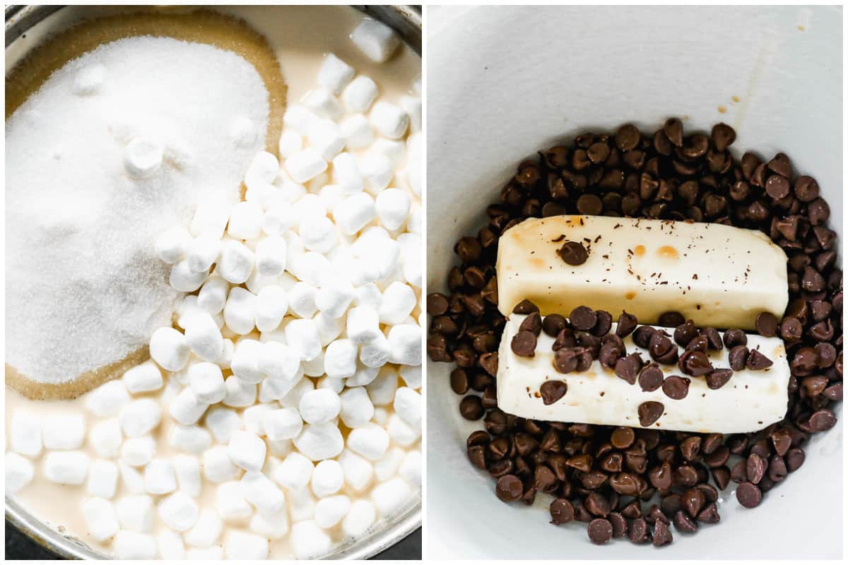 Two images showing mini marshmallows, milk, and sugar in a pan and two sticks of butter and chocolate chips in a mixing bowl.