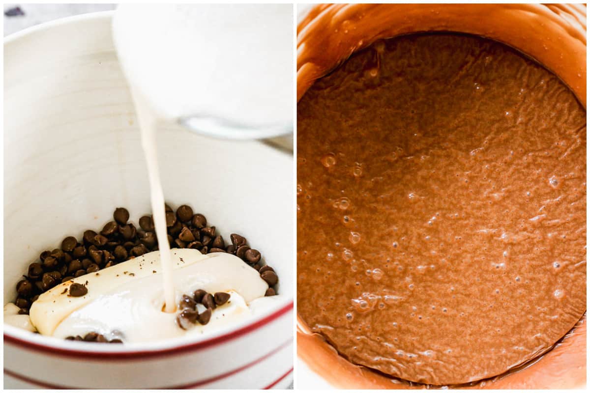 Two images showing a hot marshmallow mixture being poured on top of butter and chocolate chips to make easy chocolate fudge.