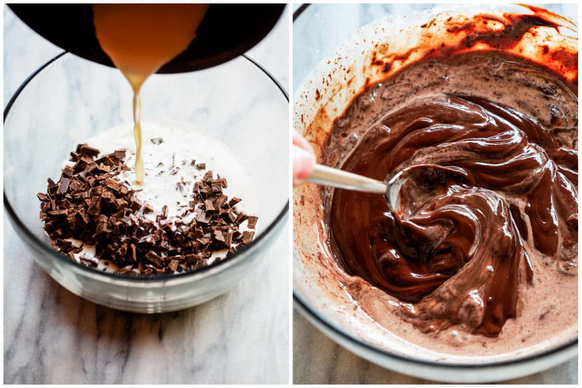 Two images showing hot cream being added to a bowl of chopped chocolate, then the chocolate mixture being stirred to melt the chocolate.