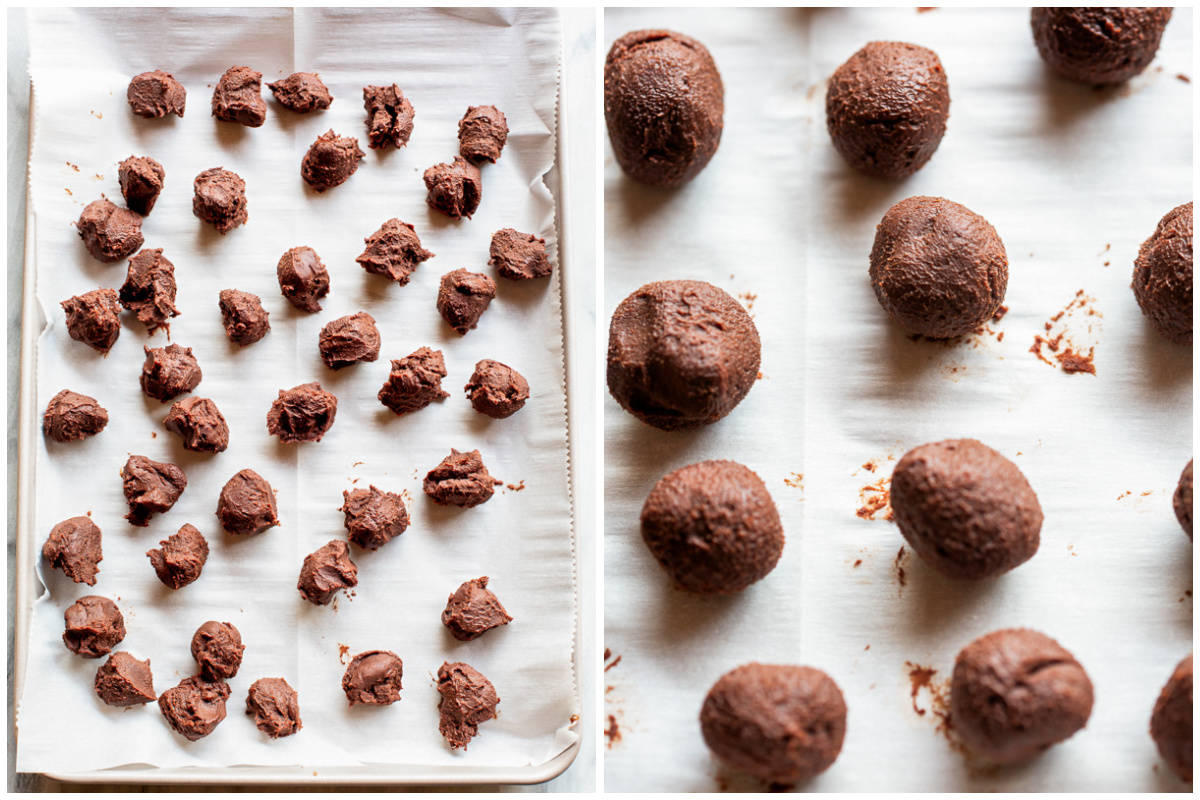 Little balls of chocolate scooped on a piece of parchment paper, then rolled in smooth balls to make the best chocolate truffles. 