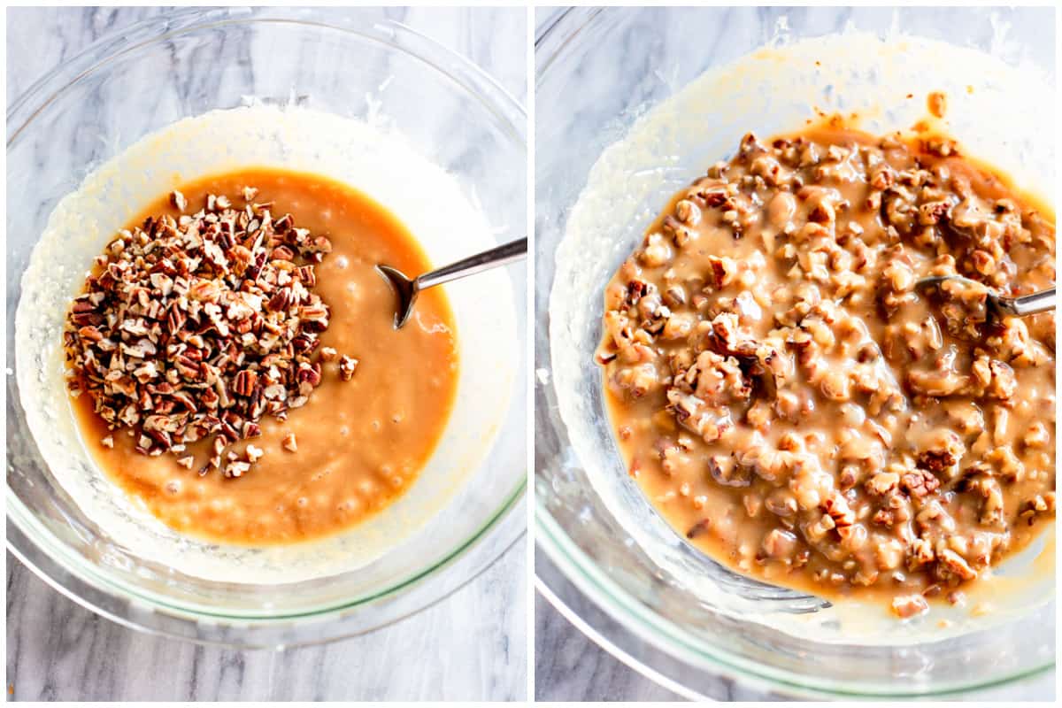 Two images showing how to make pecan clusters with a microwave caramel, before and after the pecans are stirred in.