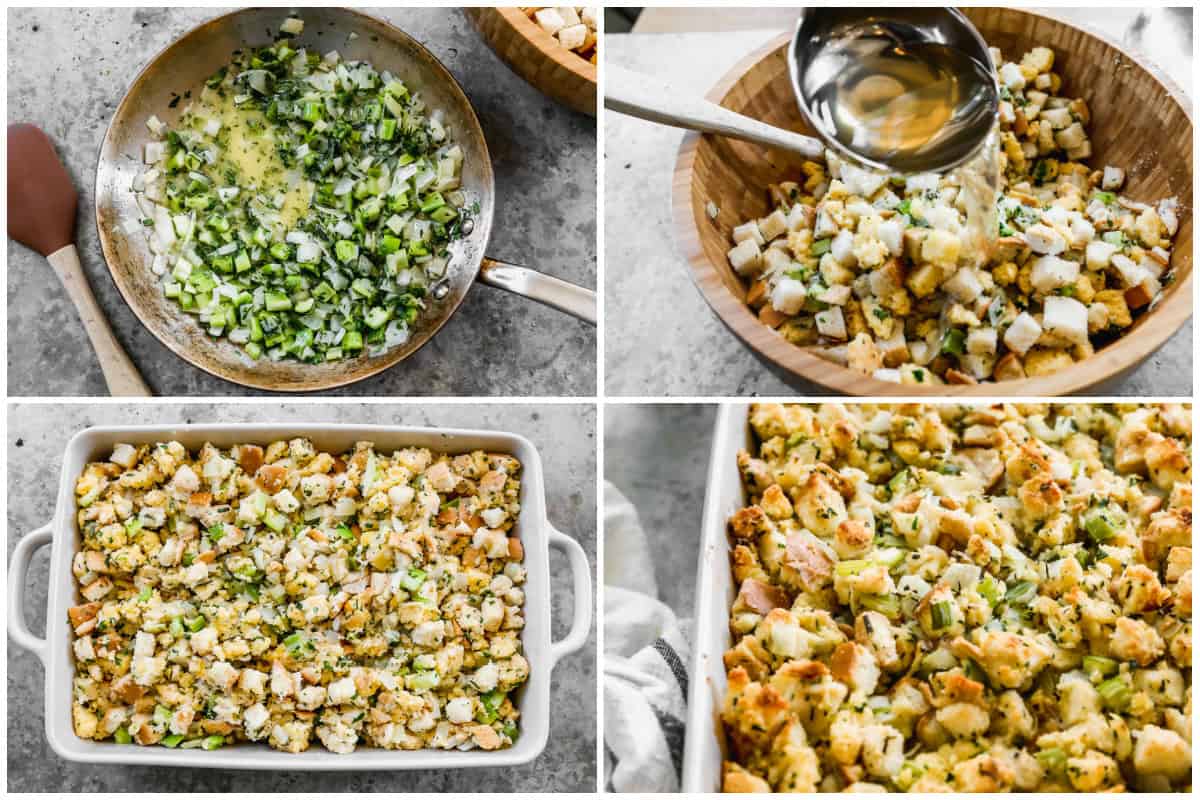 Four process photos for making Cornbread Stuffing.