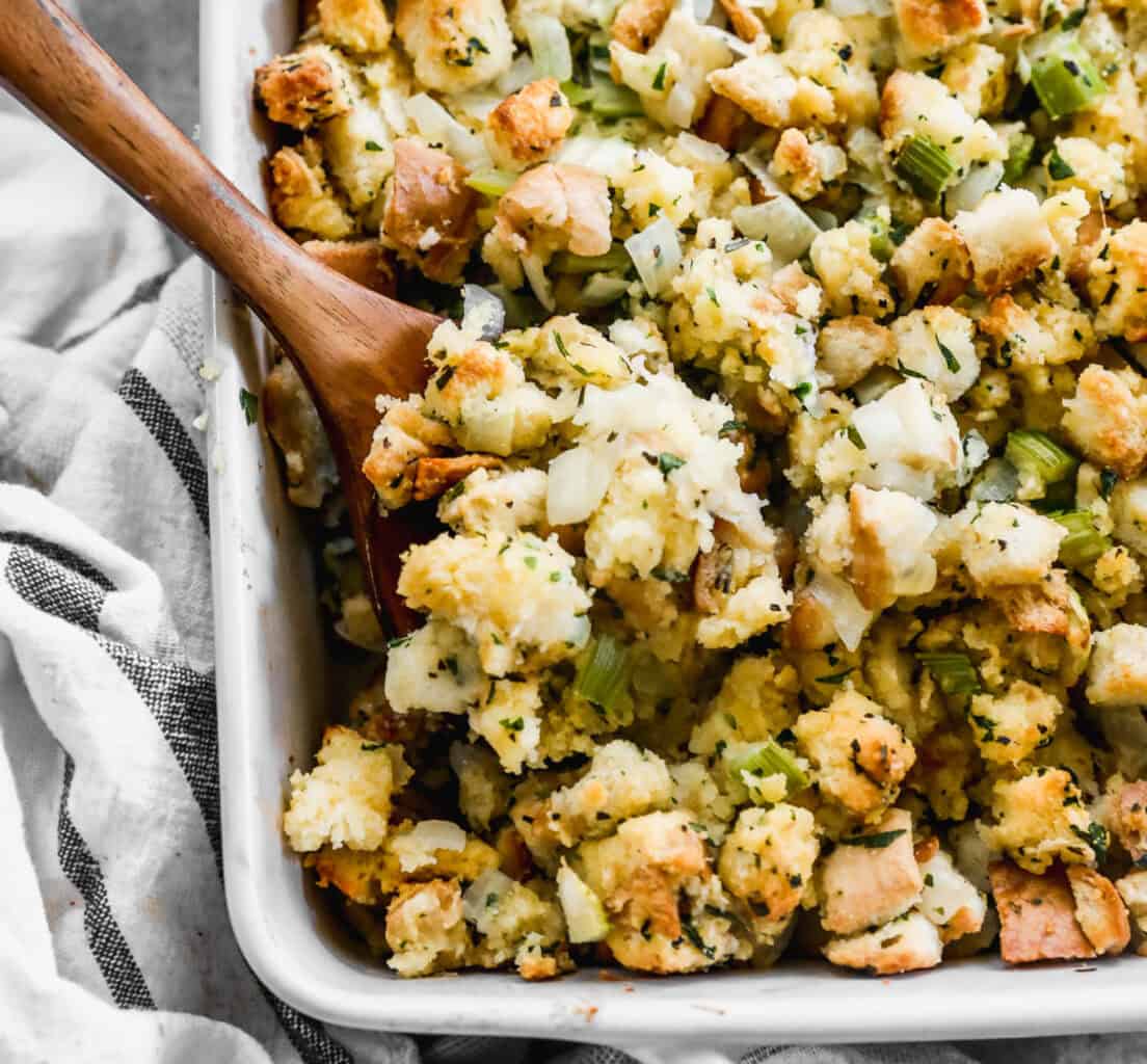 This old fashioned Cornbread Dressing has cornbread and french bread tossed in broth with sautéed vegetables. It's flavorful and so comforting!