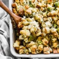 This old fashioned Cornbread Dressing has cornbread and french bread tossed in broth with sautéed vegetables. It's flavorful and so comforting!
