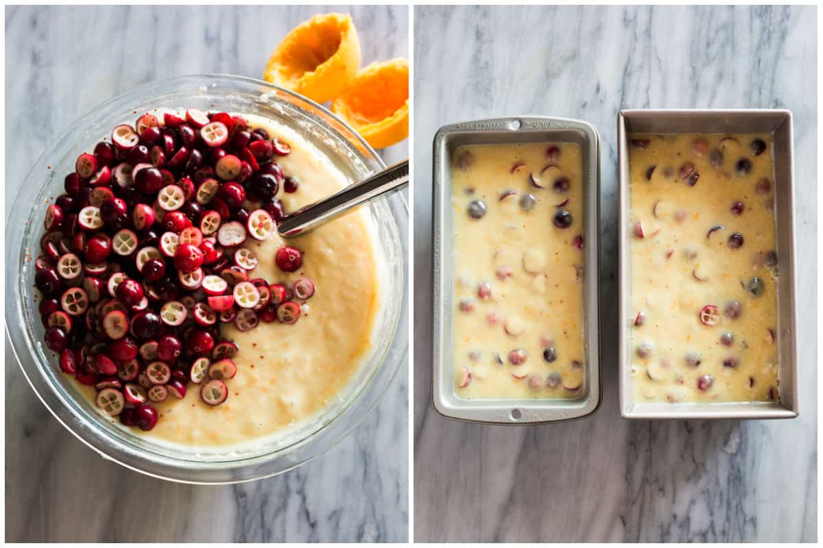 Two images showing fresh, halved cranberries being folded into a batter, then the batter in two loaf pans.