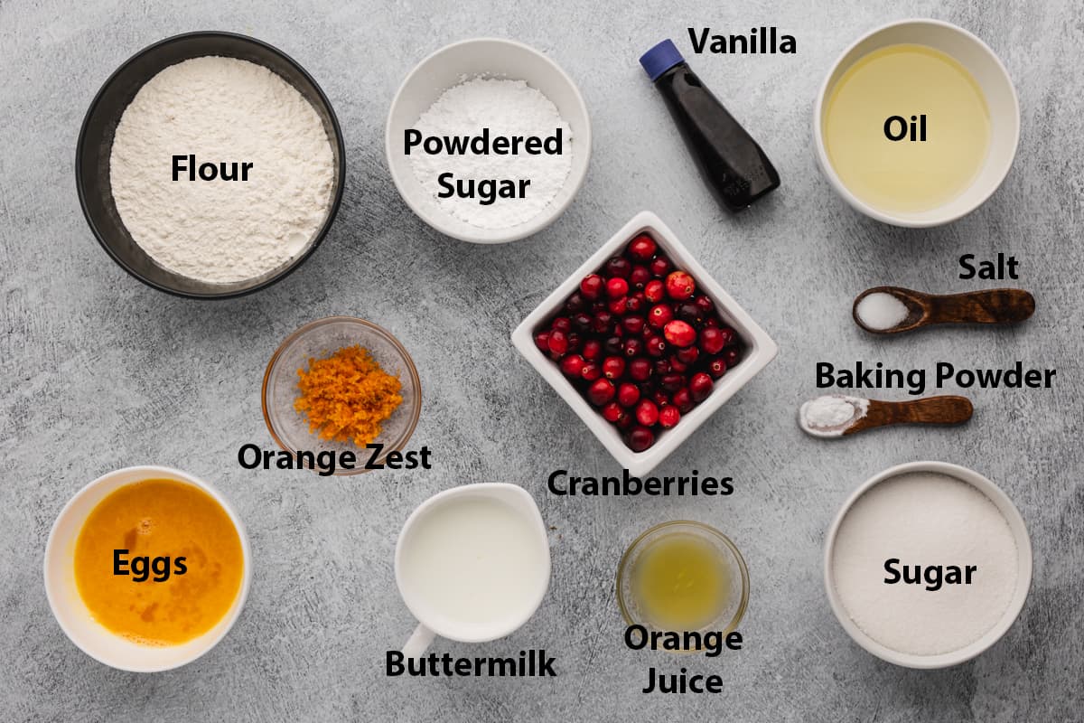 All of the ingredients needed to make the best Cranberry Orange Muffins recipe.