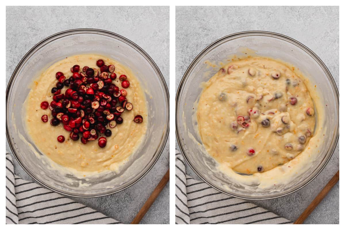 Two images of fresh cranberries that are halved before and after they are combined in the muffin batter.