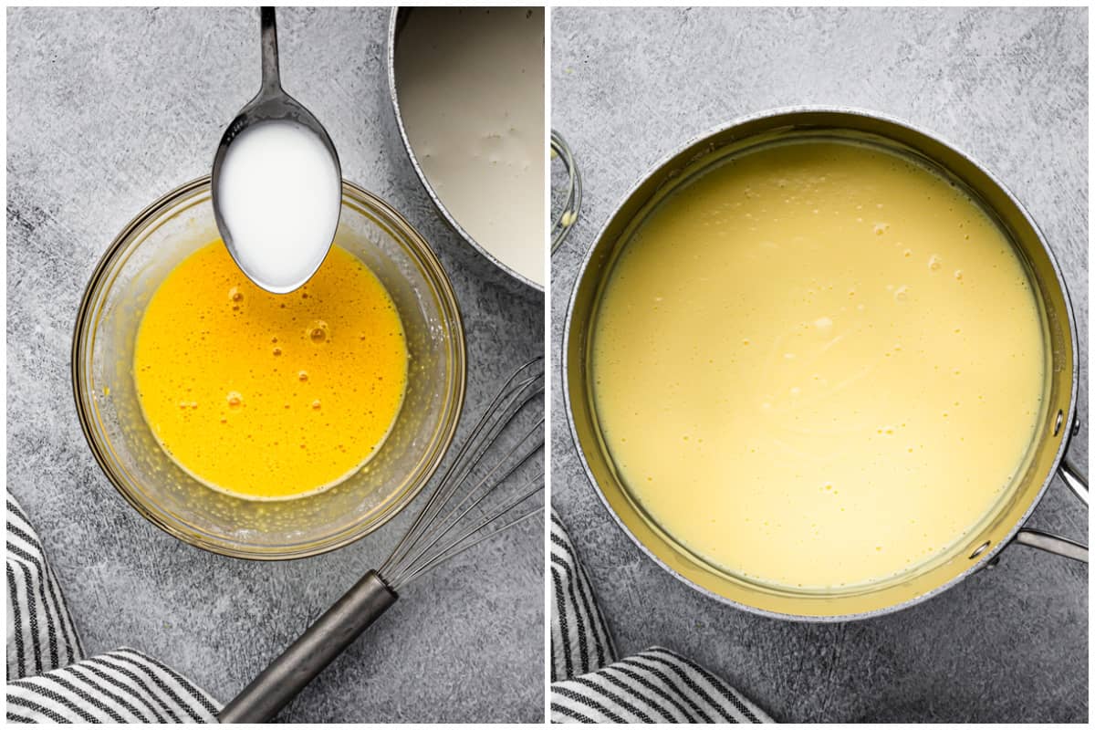 Two images showing a spoonful of hot milk about to be poured into a mixture of egg yolks and cornstarch, then after it's added to thicken a pudding.