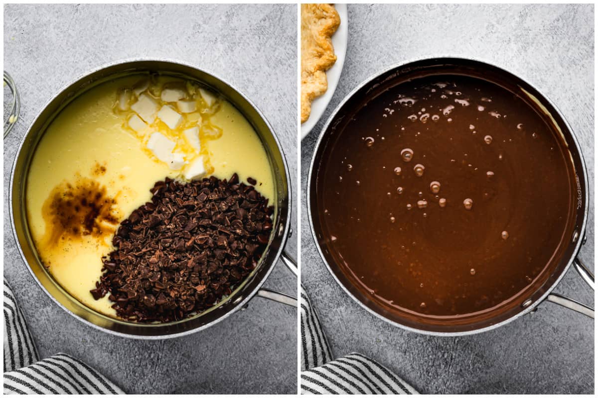 Two images showing butter, vanilla, and chopped chocolate being added to a homemade pudding to flavor it. 