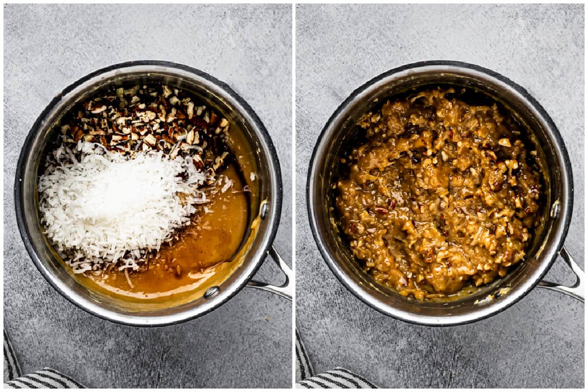 Two images showing a homemade german chocolate pie topping with coconut, vanilla, and nuts on top and then after it's all combined.