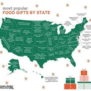 A map of the United States with the most popular food gift in each state.
