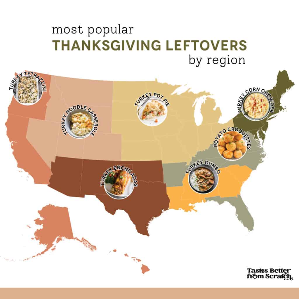 An image of the most popular Thanksgiving leftovers by regions in the USA.