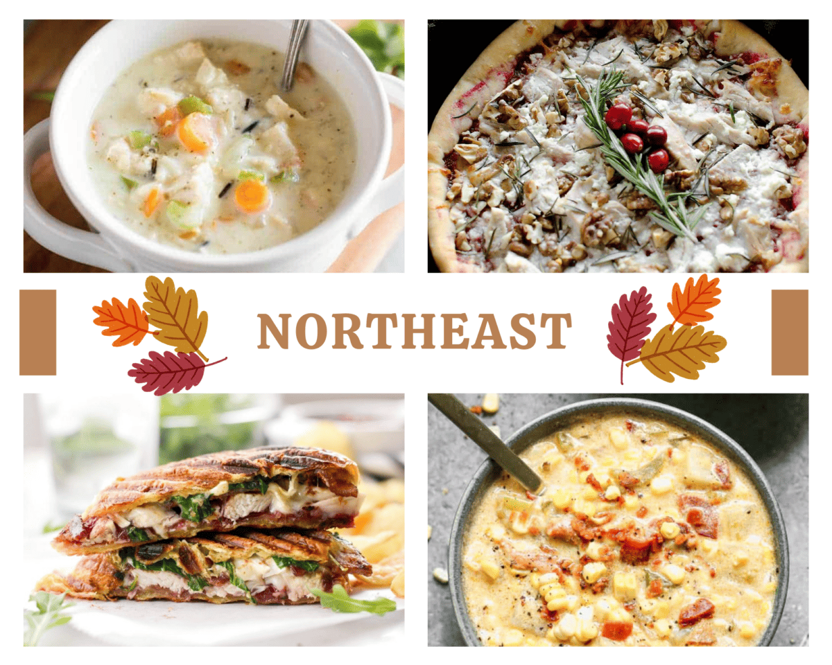 A collage image of four meals to use leftover turkey in after Thanksgiving that highlight the northeast United States: Turkey and Wild Rice Soup, Turkey Corn Chowder, Turkey Cranberry Pizza, and Cranberry Croissant Paninis.