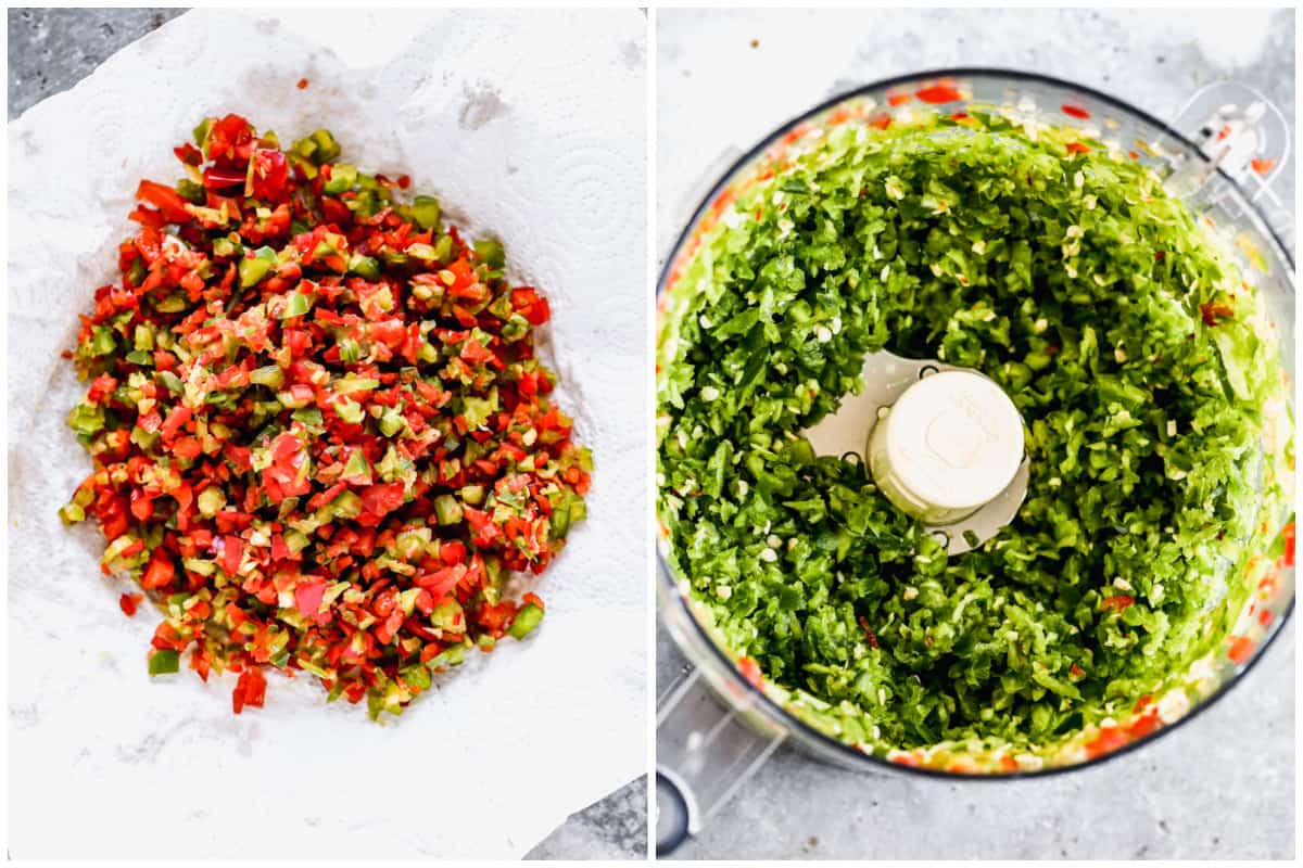 Two images showing chopped bell peppers and jalapeño on top of paper towels, and then chopped jalapeños in a food processor.
