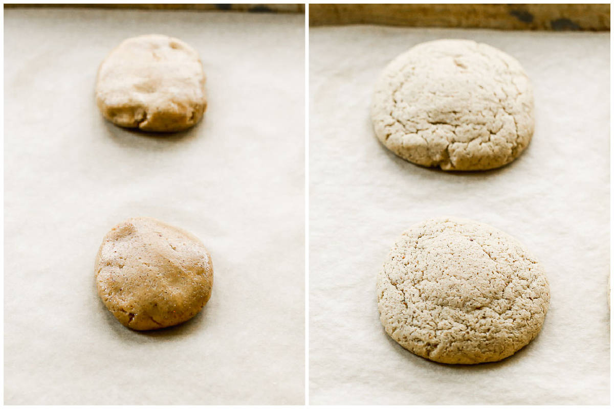 Two images showing peanut butter cookie balls before and after they are baked.