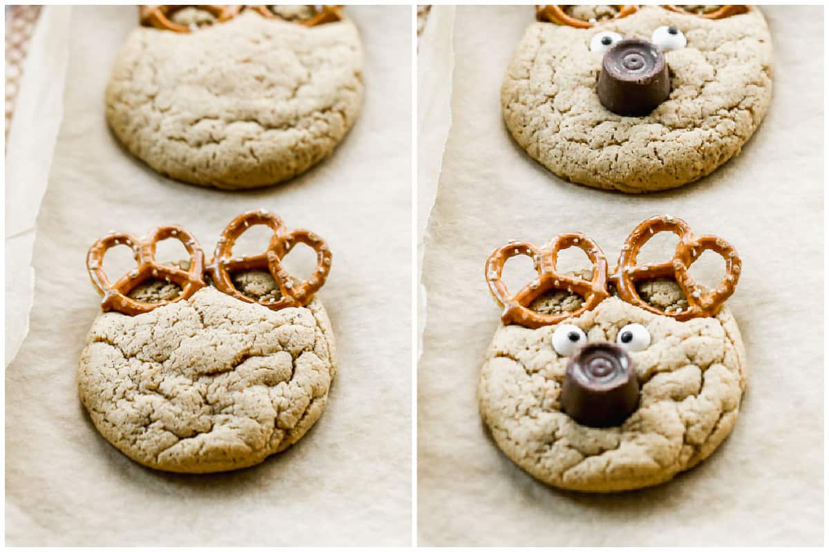 Two images to show how to make a reindeer face with pretzels, rolo, and candy eyes. 